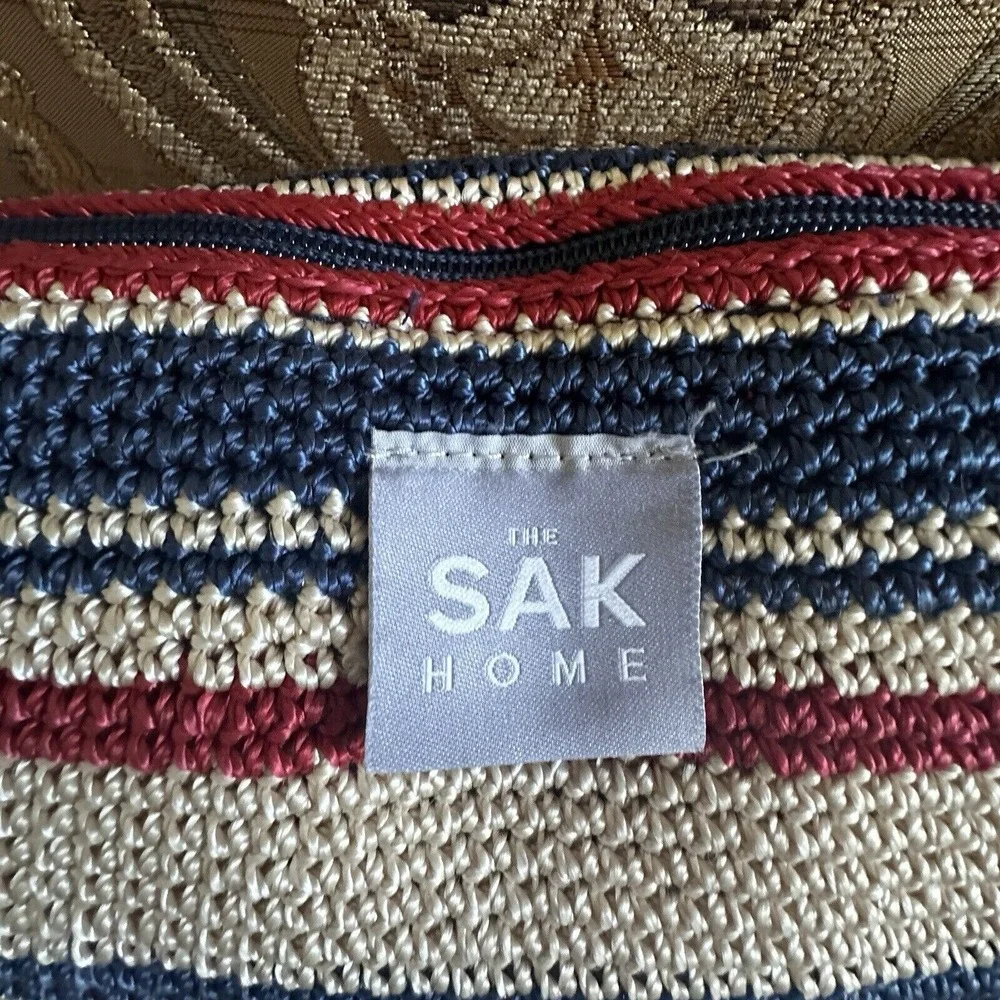 The SAK Home Square Crochet‎ Knit Pillows 17 Inch Blue Beige Red Set of 2 EUC